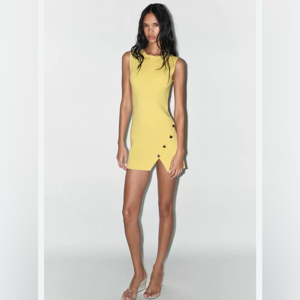 Zara Yellow Mini Dress with Silver Button Accents